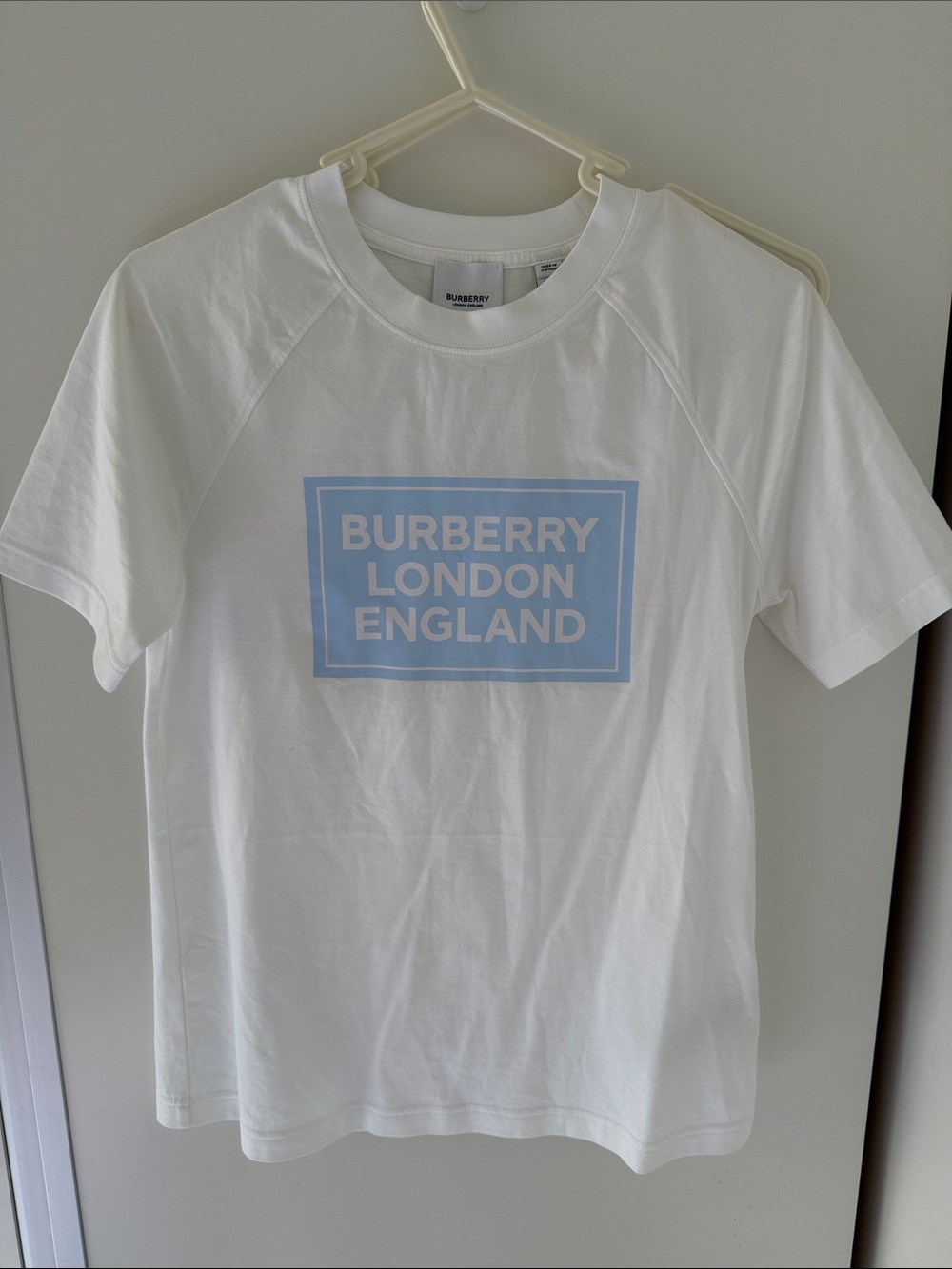 Burberry White Tee with Pale Blue Logo Box